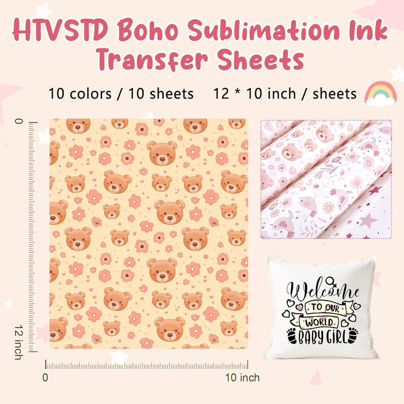 HTVSTD Boho Sublimation Ink Transfer Sheets 10 Sheets 12'' x 10'' Rainbow/Heart/Bear/Stars/Koala Pattern Sublimation Paper Pink Theme Transfer Sheets for Mugs Tumblers DIY Transfer Paper - Image 2